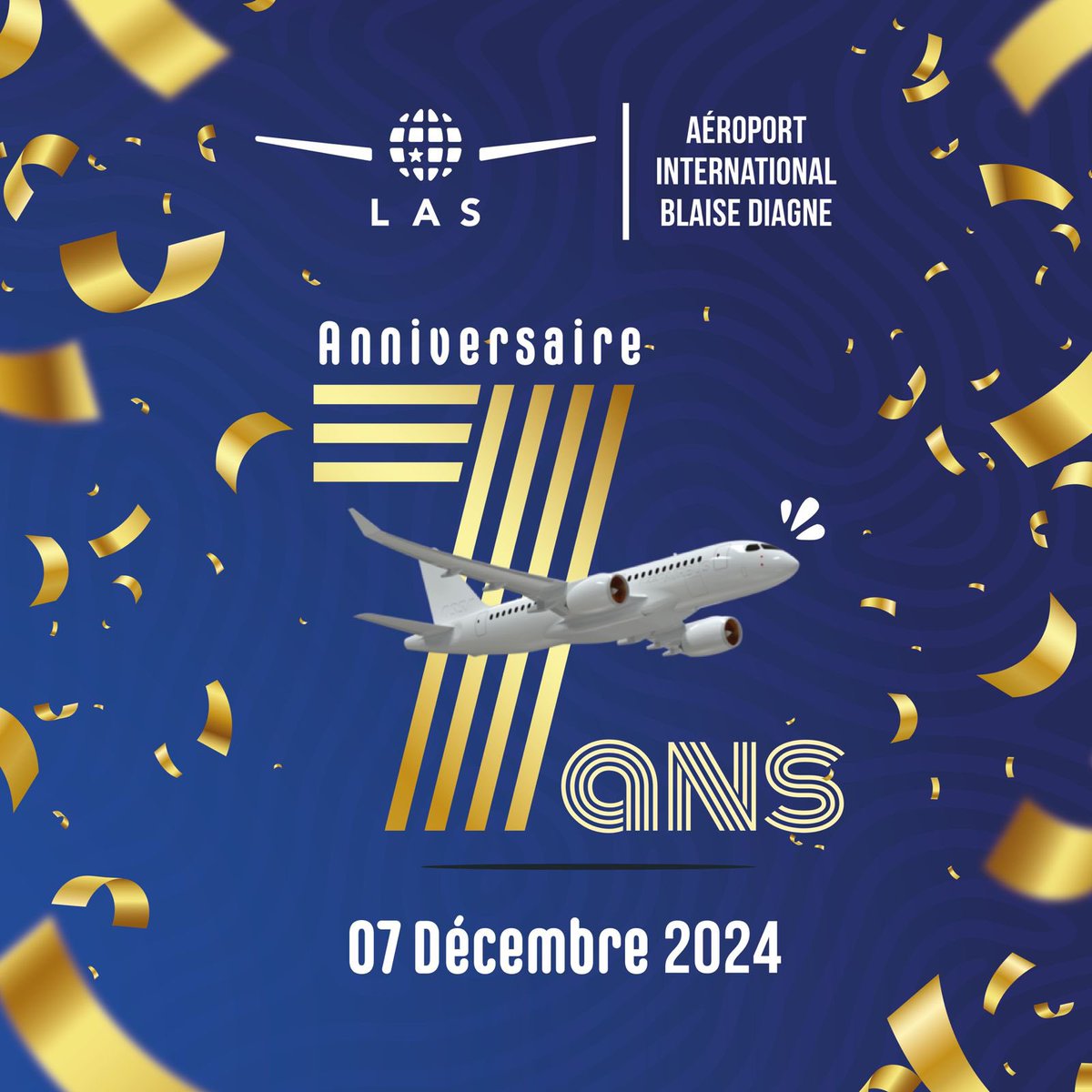 DKaeroport's tweet photo. Aujourd'hui 07 décembre, nous avons le plaisir de célébrer le 7ème anniversaire de l' Aéroport International Blaise Diagne.
Joignez-vous à nous sur tous les réseaux de la plateforme digitale @dakaraeroport +r pour nous envoyer vos vœux!!!
#LAS #aibd #07dec https://t.co/M8Rx7yNmT0