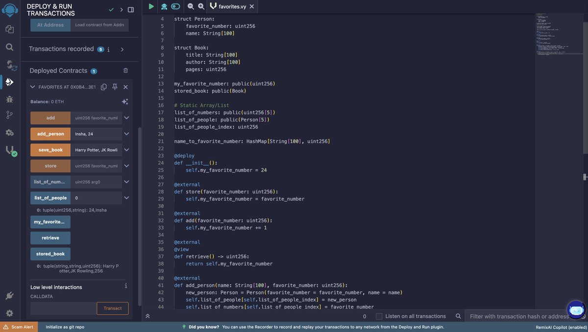 Insharamin's tweet photo. deployed a vyper smart contract that can store and retrieve:

- list of favorite numbers,
- add persons,
- their favorite book.

and a lot more can be done!

oh, and deploying it with @TenderlyApp was ridiculously smooth. https://t.co/JCOa1Uerr9