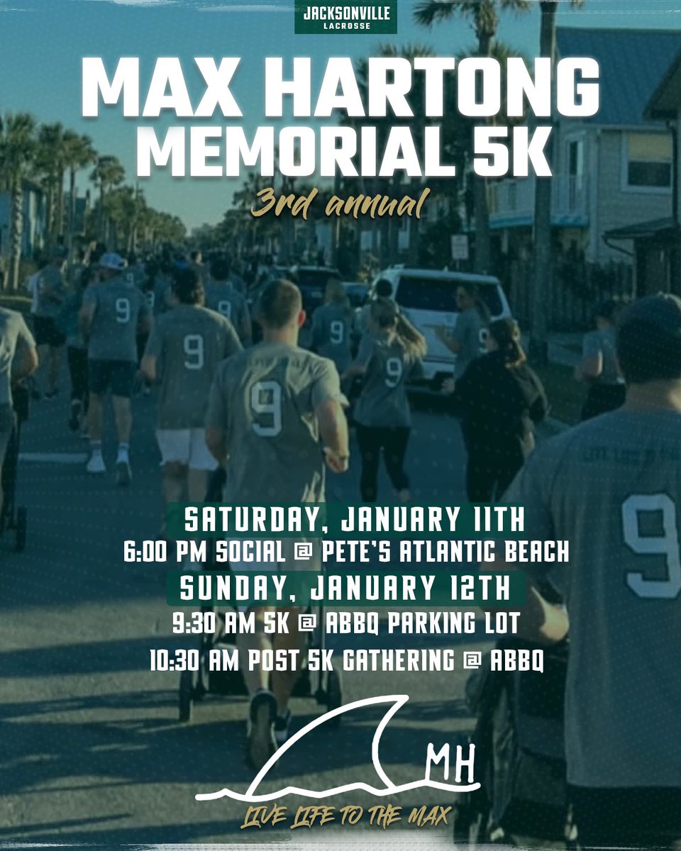 JAX_MLAX's tweet photo. The Max Hartong Memorial 5K is back! 🏃‍♂️ Join us Sunday, January 12th, as we honor Max Hartong. #MH9💚

🔗 below to register and order your T-shirt! The last day to order a T-shirt is December 20th

https://t.co/ZBqL7cUJ0e

#JUPhinsUp x #WTD88 https://t.co/ucFTejCjY4
