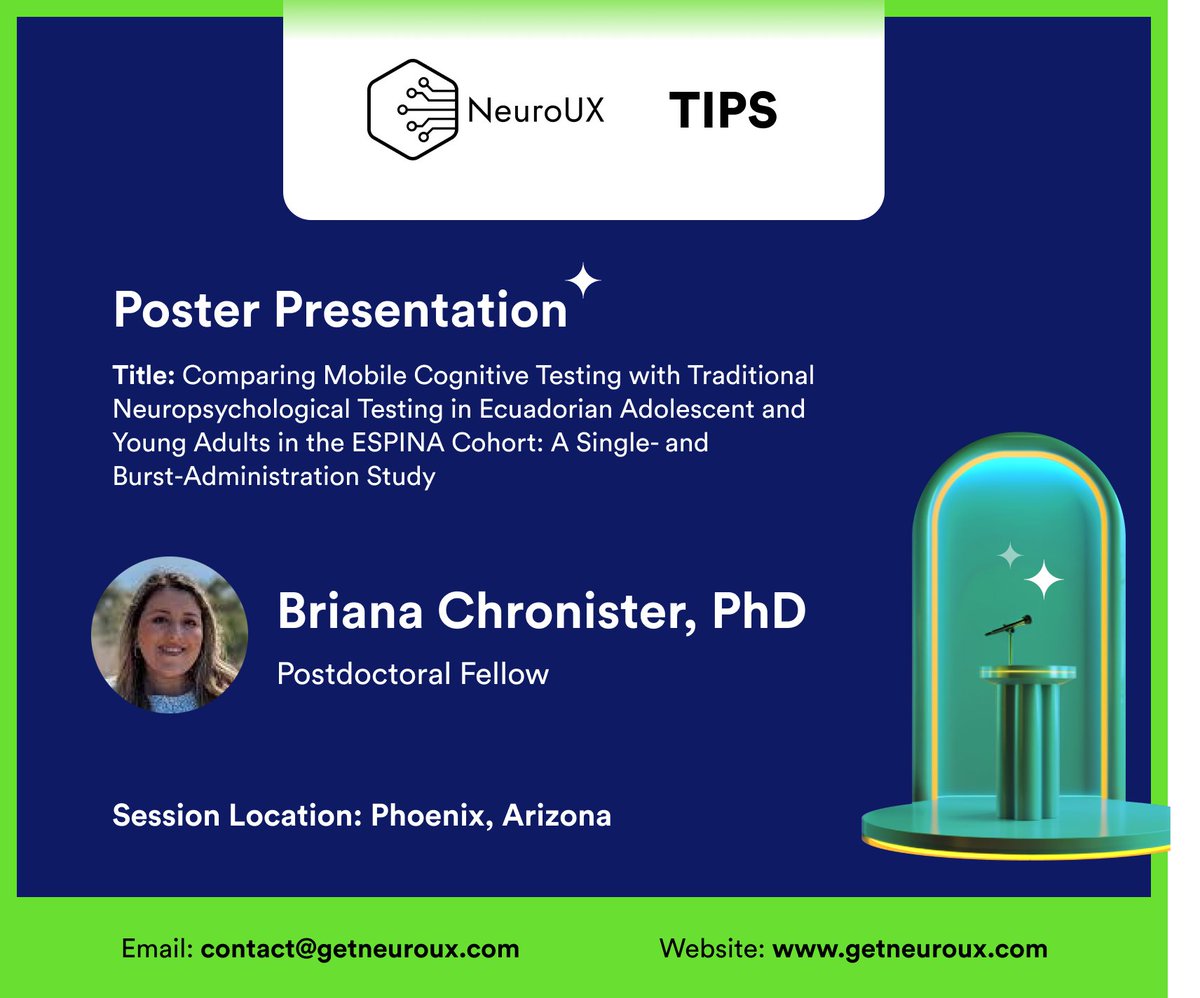 NeuroUX (@getneuroux) on Twitter photo We’re excited to meet you at #TIPS2024!
<a href="/BriChronister/">Briana Chronister, PhD, MS</a> will be presenting her poster:Â Comparing Mobile Cognitive Testing with Traditional Neuropsychological Testing in Ecuadorian Adolescent and Young Adults in the ESPINA Cohort: A Single- and Burst-Administration Study.
Our We’re excited to meet you at #TIPS2024!
<a href="/BriChronister/">Briana Chronister, PhD, MS</a> will be presenting her poster:Â Comparing Mobile Cognitive Testing with Traditional Neuropsychological Testing in Ecuadorian Adolescent and Young Adults in the ESPINA Cohort: A Single- and Burst-Administration Study.
Our