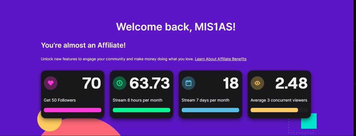 Mi_saa9's tweet photo. These are all my analytics for my 2.5 months of hard work but I still have not hit the affiliate path, I hope you guys support me in the viewer count and I wish I hit the affiliate path and entertain you.
#viewercount #support #twitch #affiliate #followers https://t.co/6JiMewbT0i
