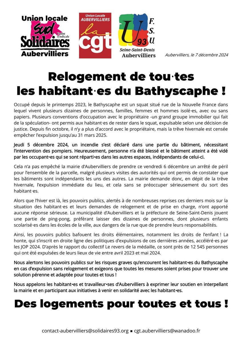 🏠📣 Soutien intersyndical aux habitant⋅es du Bathyscaphe à Aubervilliers, menacé⋅es d’expulsion imminente par la mairie et la préfecture. Relogement inconditionnel !

Rassemblement ce lundi 9 décembre à 14h devant la mairie d’Aubervilliers