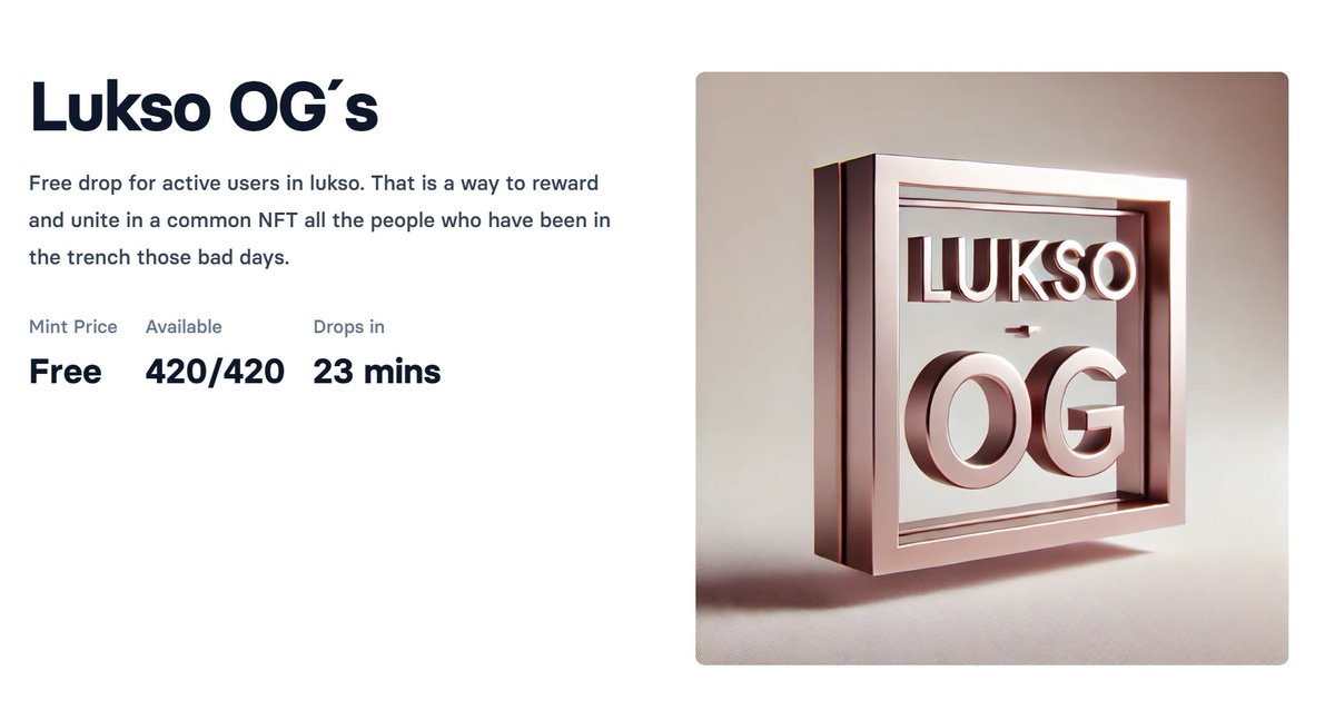 <a href="/lukso_io/">LUKSO</a> OG´s 

Free mint to we all, those who have been here in the bad moments.

universal.page/drops/lukso-og…