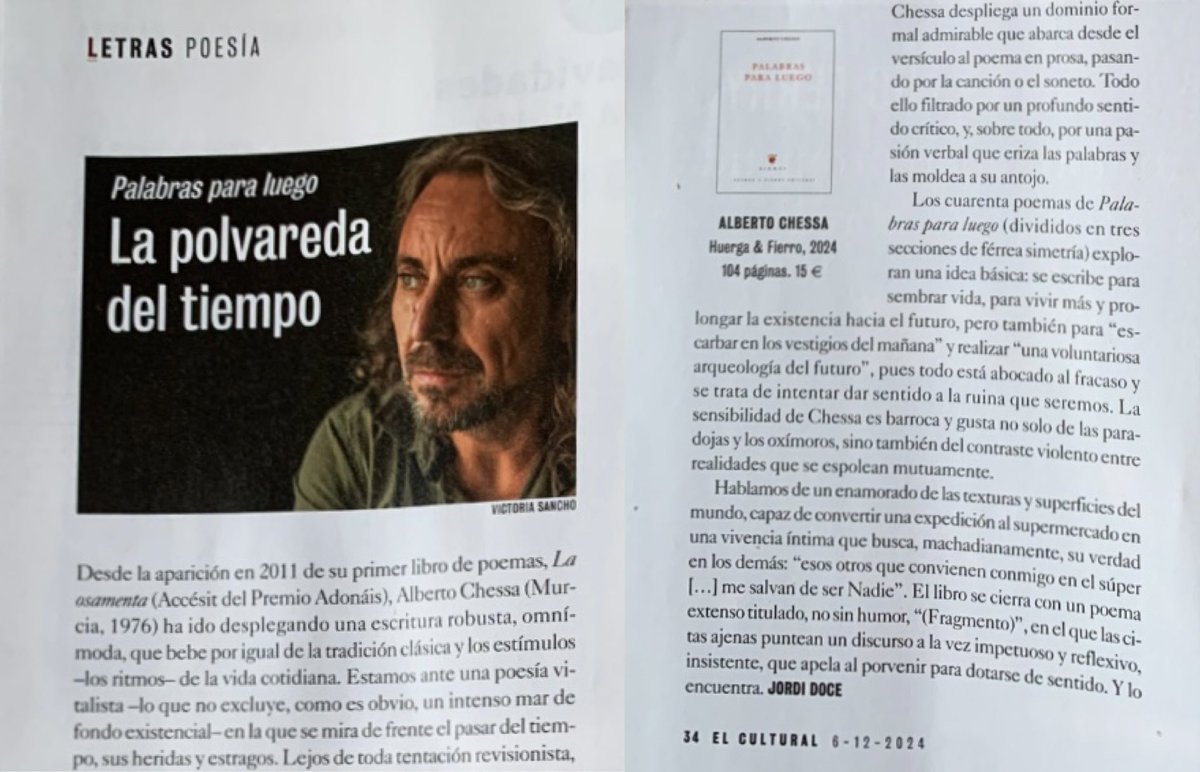 EL CULTURAL 6/12/2025
“La polvareda del tiempo”
Jordi Doce reseña PALABRAS PARA LUEGO, poemario de Alberto Chessa publicado recientemente en HUERGA y FIERRO Editores (Colección Signos)