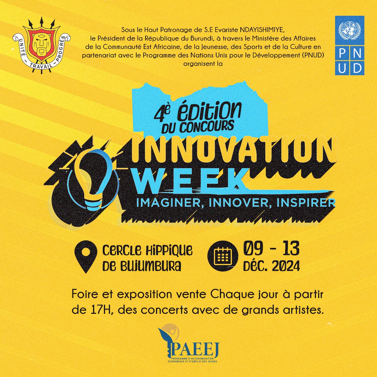 ShikirizaB's tweet photo. #BreakingNews: #InnovationWeek est de retour🎉
Du 09 au 13 décembre 2024, une gamme d'activités dans le cadre de la 4è édition du concours #InnoVationWeek sont organisées.
Il y aura, chaque jour de cette semaine, une foire-exposition vente, des panels et des concerts.
#Shikiriza https://t.co/Jkidhd3dke