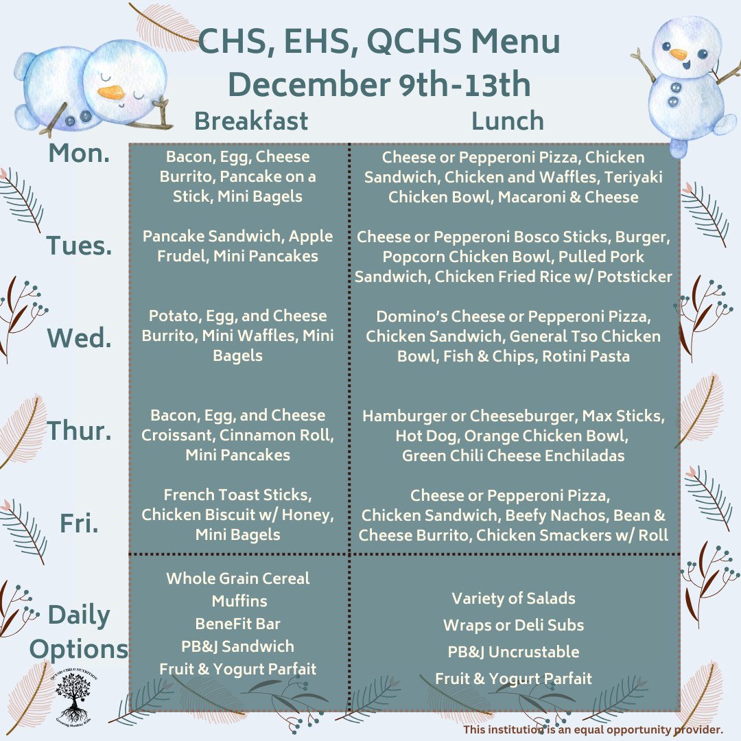 QcusdNutrition's tweet photo. 🍎 Weekly School Menu: Delicious &amp; Nutritious! 🥪 Check out what’s fueling young minds this week! 🌟

Enroll with QCUSD Today! https://t.co/MesuMQzSmk https://t.co/GBVQVRw2wf
