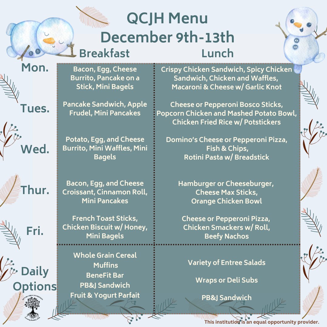 QcusdNutrition's tweet photo. 🍎 Weekly School Menu: Delicious &amp; Nutritious! 🥪 Check out what’s fueling young minds this week! 🌟

Enroll with QCUSD Today! https://t.co/MesuMQzSmk https://t.co/GBVQVRw2wf