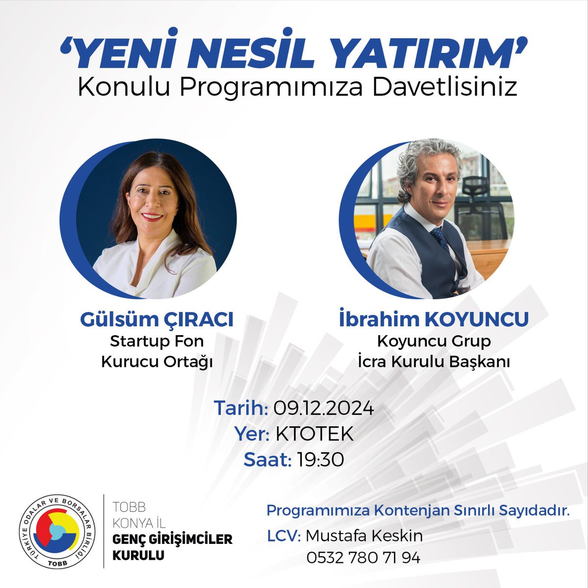 Konya iş çevresinin saygın genç iş insanlarının bir araya geldiği aylık programımızda, konuklarımız İbrahim Koyuncu ve Gülsüm Çıracı ile Yeni nesil yatırım enstrümanlarını konuşacağız
.
.
.
.
.
#tobb #girişim  #girişimci #gençgirişimci  #işletme #işdünyası #ekonomi #teknoloji