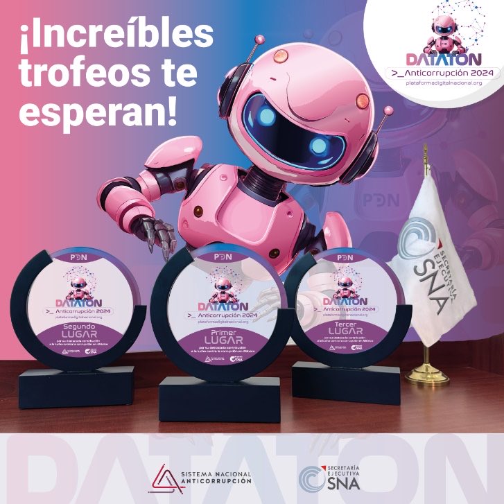 SESNAOficial's tweet photo. 📢 #Atención
 
¡Arrancamos actividades del #DatatónAnticorrupción2024! 
 
Recuerda que tu participación puede llevarte a ganar increíbles #premios en especie y un reconocimiento especial. 
 
Presenta tu proyecto para contribuir a la lucha 🥊 contra la #corrupción, conviértete en #ganador y llévate este increíble trofeo 🏆 a casa. 
 
¡Los tres primeros lugares ganan! 🏅🏅🏅
 
#SNA #SESNA #PDN #InteligenciaAnticorrupción