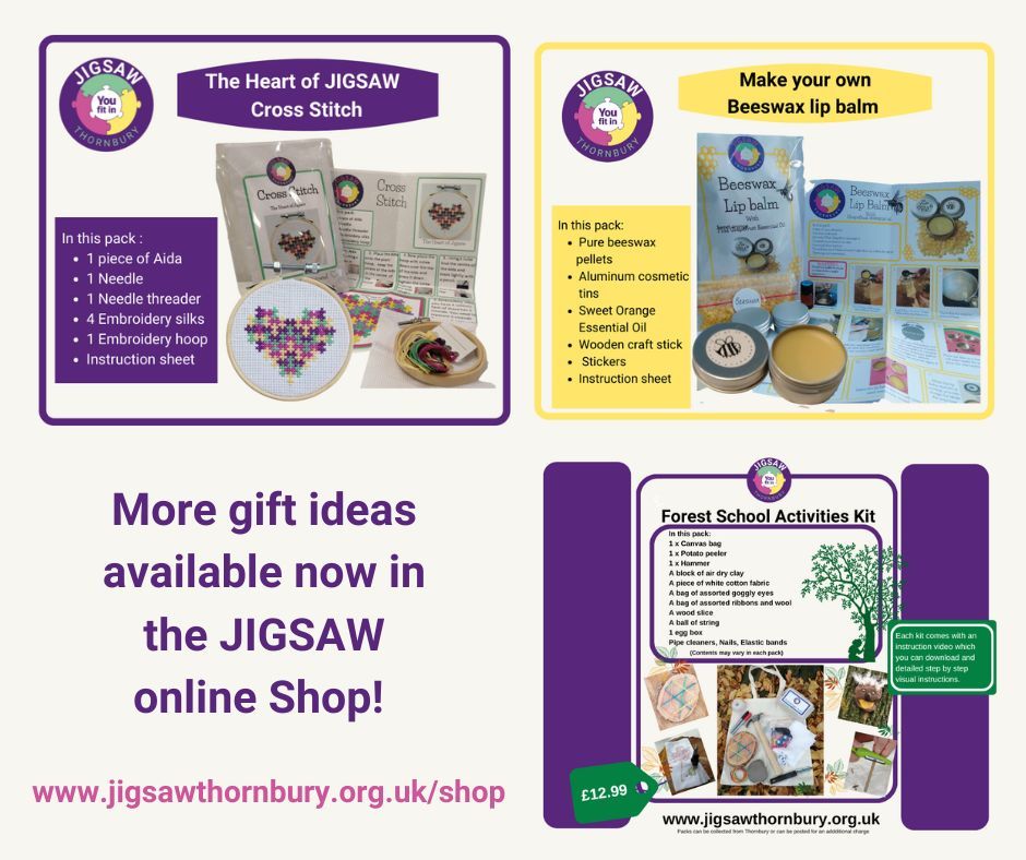 Our Wellbeing craft packs for adults and young people make ideal Christmas gifts while raising funds for us! Available in the JIGSAW Shop now at £4 each!   buff.ly/3gWeIoo 
We also have Forest School Activity Kits &amp; Den Building if your children love the outside!