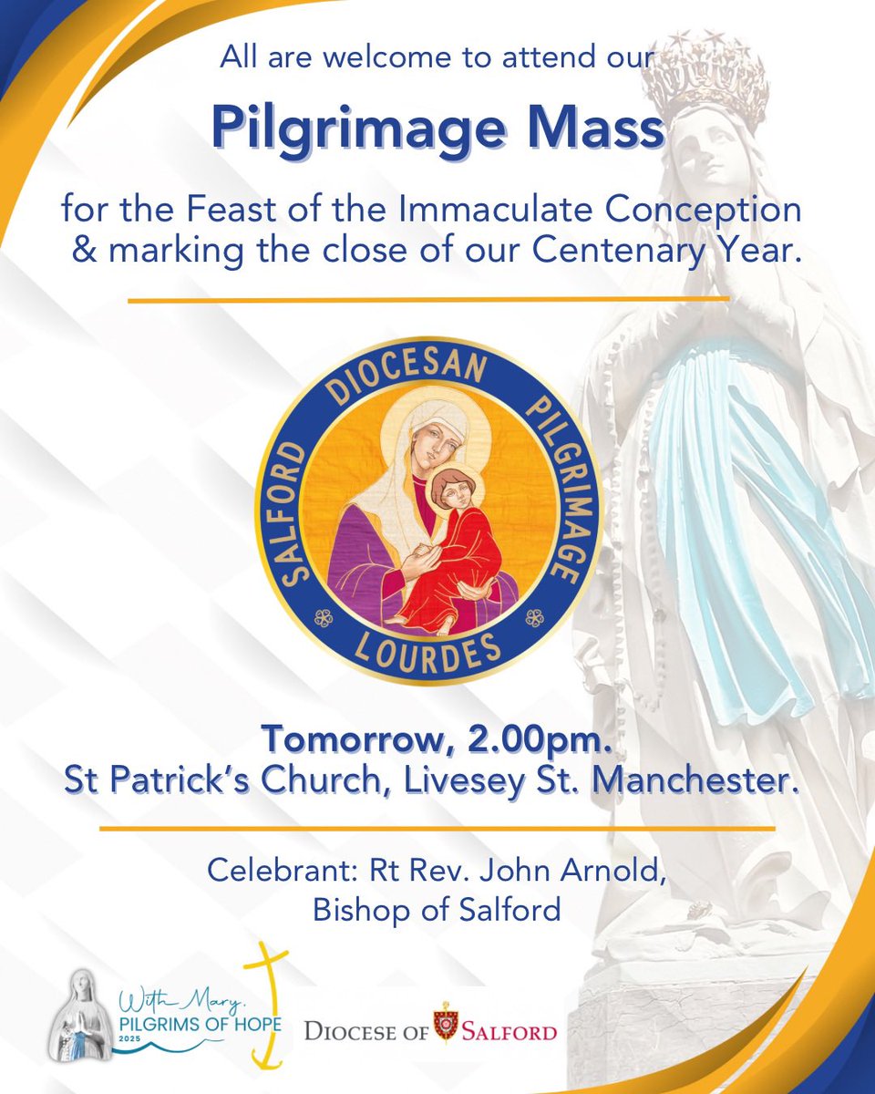 We look forward to welcoming you to St Patrick’s church tomorrow afternoon at 2pm for our pilgrimage Mass. All are welcome. #salfordcalling