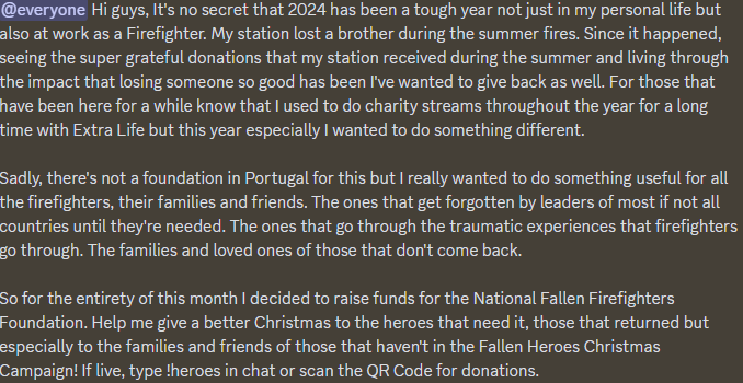 For the entirety of this month I decided to raise funds for the National Fallen Firefighters Foundation. Longer text from discord attached.

During streams type !heroes in chat for the donation link🧑‍🚒

If you want to check out the entire campaign page: tiltify.com/@minervamaat/f…