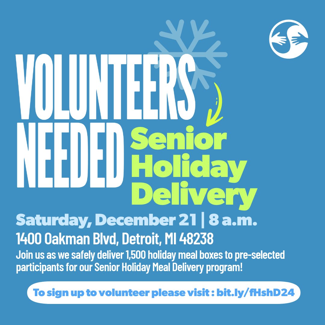 Ready to volunteer for the holidays? Now is your chance! Our Senior Holiday Delivery is only a few weeks away and we need volunteers to deliver holiday food boxes to 1,500 across Southeast Michigan!

Sign up today: bit.ly/fHshD24

#volunteer #community #detroit