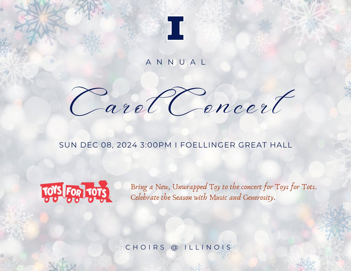 Celebrate the season with us this Sunday  in Foellinger Great Hall for the 2024 Carol Concert. 🎄 Enjoy an afternoon of beautiful holiday music and spread joy by bringing a new, unwrapped toy for Toys for Tots. Your donation will help make a child’s holiday season brighter!