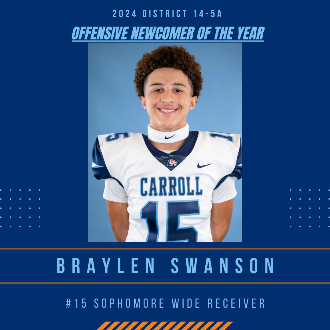 Carroll Football 🐅 (@theprogramctfb) on Twitter photo Huge Congratulations to Sophomore Braylen Swanson for being named the 2024 District 14-5A "Offensive Newcomer of the Year". Thank you for representing our school, community and program in the best way! #TPND
<a href="/CNeatherlin/">Cal Neatherlin</a> <a href="/Arredondo_CHS/">Robert M. Arredondo</a> <a href="/mycarrolltigers/">Mary Carroll High School</a> <a href="/CCISD/">CCISD</a> Huge Congratulations to Sophomore Braylen Swanson for being named the 2024 District 14-5A "Offensive Newcomer of the Year". Thank you for representing our school, community and program in the best way! #TPND
<a href="/CNeatherlin/">Cal Neatherlin</a> <a href="/Arredondo_CHS/">Robert M. Arredondo</a> <a href="/mycarrolltigers/">Mary Carroll High School</a> <a href="/CCISD/">CCISD</a>