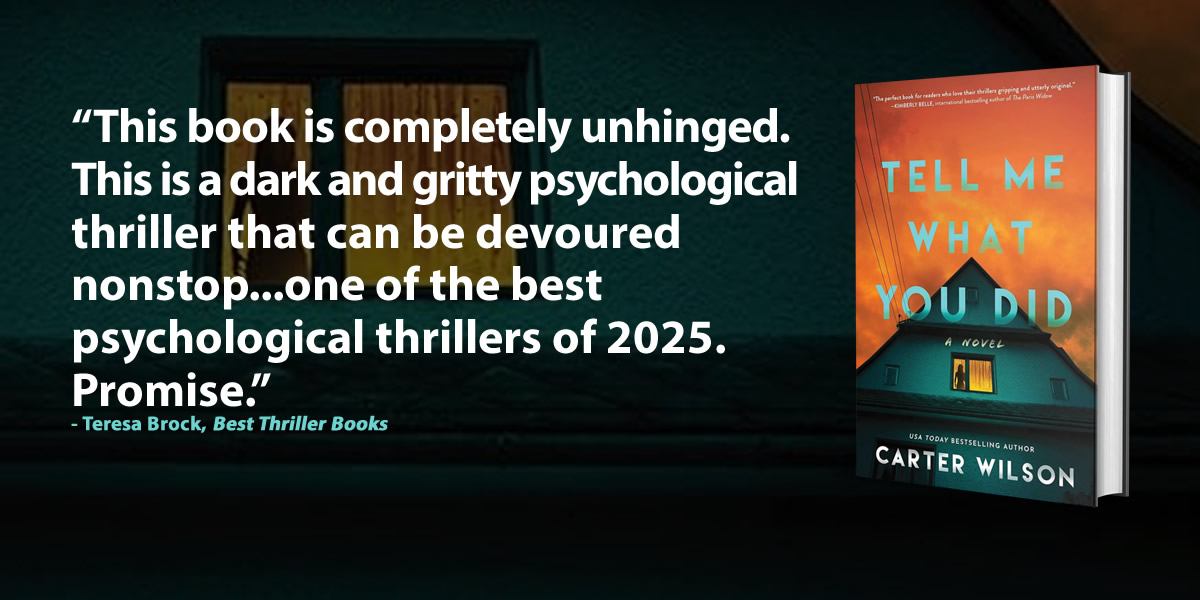 Best Thriller Books (@bestthrillbooks) on Twitter photo TELL ME WHAT YOU DID by Carter Wilson (pub. by <a href="/PPPress/">Poisoned Pen Press</a> 1/28/25)
Read a review by <a href="/FullyBookedInKY/">FullyBookedInKentucky</a>: bestthrillerbooks.com/teresa-brock/t… TELL ME WHAT YOU DID by Carter Wilson (pub. by <a href="/PPPress/">Poisoned Pen Press</a> 1/28/25)
Read a review by <a href="/FullyBookedInKY/">FullyBookedInKentucky</a>: bestthrillerbooks.com/teresa-brock/t…