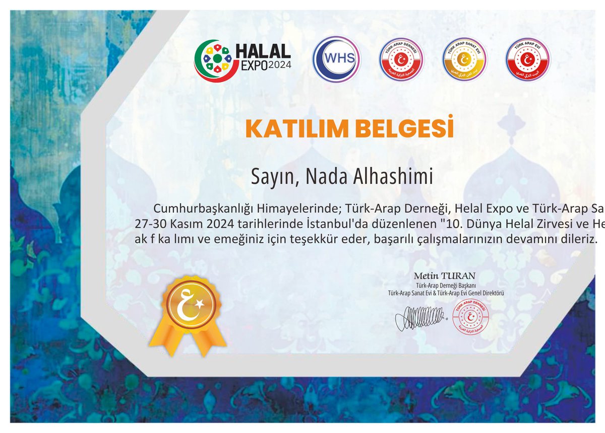 تكريمي  لمشاركتي في مهرجان  حلال اكسبوا  الذي اقيم مؤخرا في إسطنبول تحت رعاية رئيس الجمهورية التركي ومجلس التعاون الإسلامي 
شكرا بيت الفن التركي العربي 
في 27 Nov