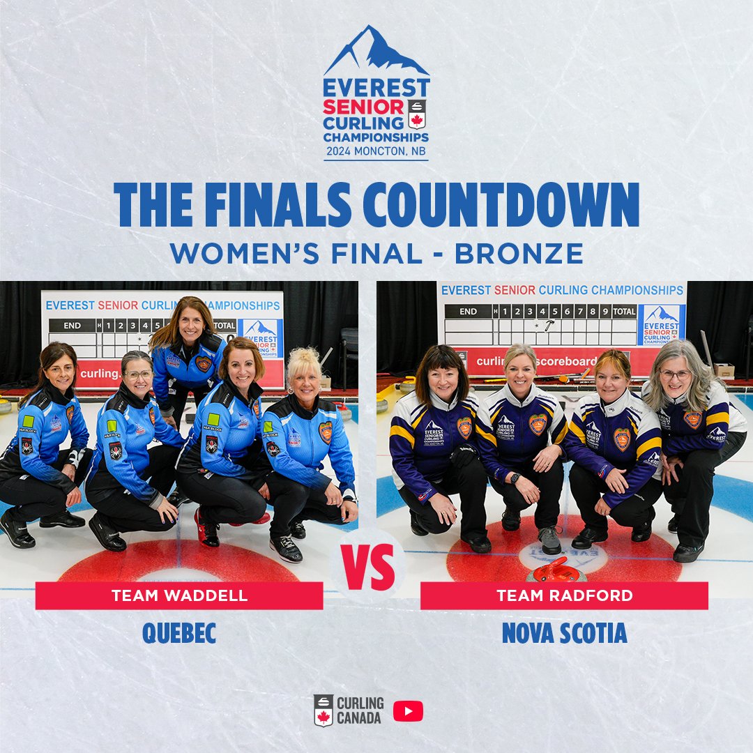 Women’s finals are set for today at 3:30PM EST! Team Ford Johnston from Alberta will face off against Team Rizzo from Ontario for gold. Catch the action LIVE on Curling Canada’s YouTube &amp; TSN+. For bronze, Team Waddell from Quebec will take on Team Radford from Nova Scotia