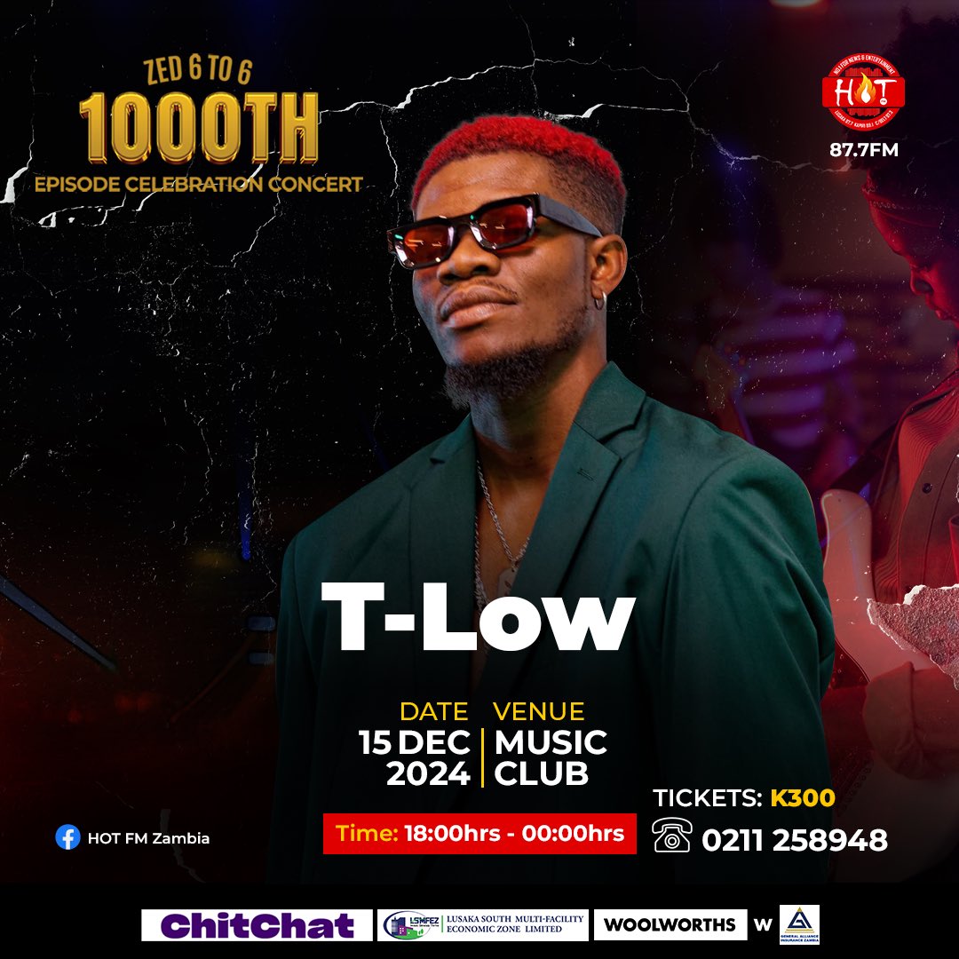 HotFMZambia (@hot877zambia) on Twitter photo The hitmaker T-Low is set to grace the stage at the Zed 6 to 6 1000th Episode Celebration Concert! Get ready to sing along to your favorite tracks and experience magic live.
#Zed6to6 #Zed6to6Concert #Roadto1000 #HotFM The hitmaker T-Low is set to grace the stage at the Zed 6 to 6 1000th Episode Celebration Concert! Get ready to sing along to your favorite tracks and experience magic live.
#Zed6to6 #Zed6to6Concert #Roadto1000 #HotFM