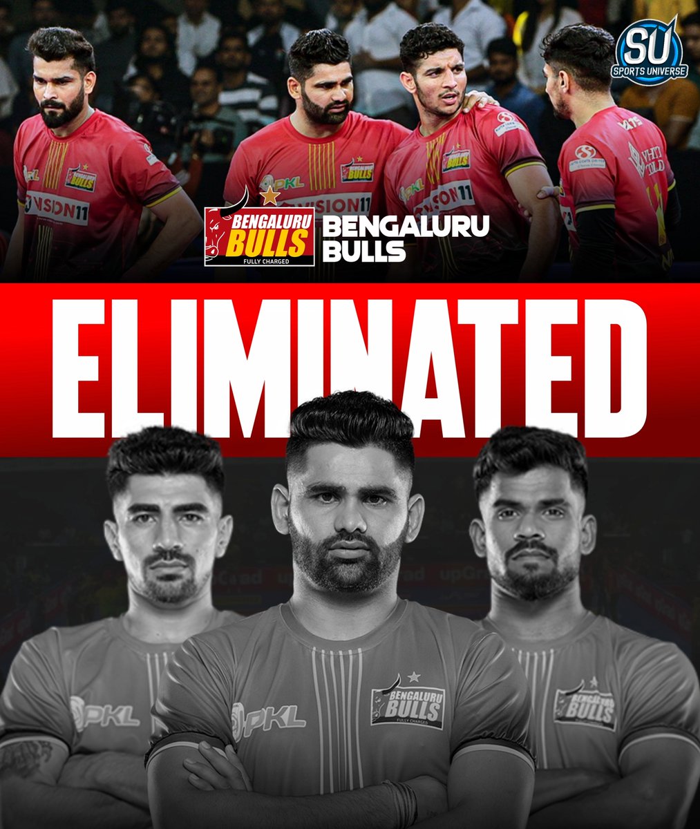 SportsUniv7's tweet photo. 📢 IT'S OFFICIAL - Bengaluru Bulls became the first team to be Officially Eliminated from the Playoffs Race! 💔
For more KBD content, keep following us! 📲🤸
#SportsUniverse #ProKabaddi #PKL #Kabaddi #ProKabaddiOnStar #Pardeep #PardeepNarwal https://t.co/kI7FnTjIBT