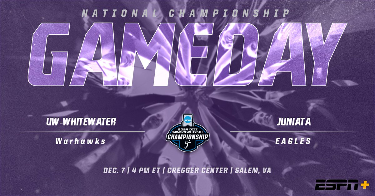 UWWAthletics's tweet photo. It all comes down to this! Warhawk Volleyball will take on Juniata in the 2024 NCAA Division III National Championship match at 4 PM ET this afternoon. Watch these two powerhouses square off exclusively on ESPN+ https://t.co/mYIunUVSma