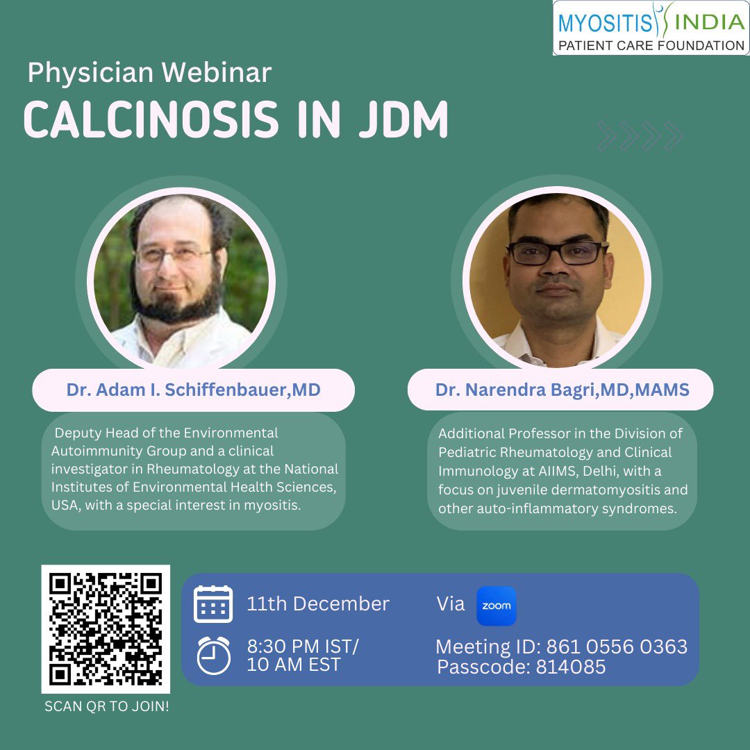 Myositis_India's tweet image. Webinar Alert!
Myositis India is organising a webinar for physicians, focusing on Calcinosis in Juvenile Dermatomyostis.
Do attend on 11th December, 8:30PM IST.
@docrota #physicianawareness #myositis