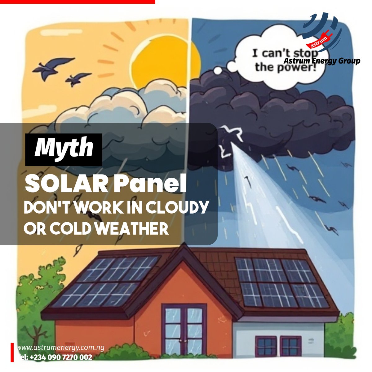 astrumenergy's tweet photo. "📷 Myth Busted! Solar panels work even in cloudy or cold weather—it’s about light, not heat! 📷📷

Switch to reliable, clean energy with Astrum Energy Group. 📷 DM us for a free consultation!

#SolarEnergyMyths #CleanEnergyNigeria #GoSolar" https://t.co/7MFhhSNUgZ
