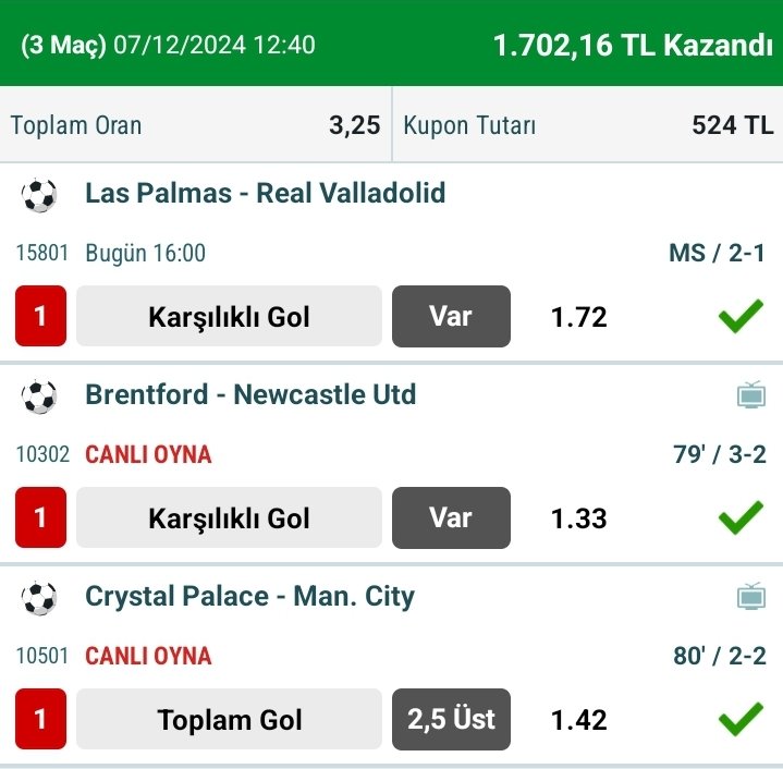 100 TL ile Başladığım;

Kasa Katlama 3. Adım Rolling Kazandı✅️✅️✅️

4. Adım Geliyor...⏳️⏳️