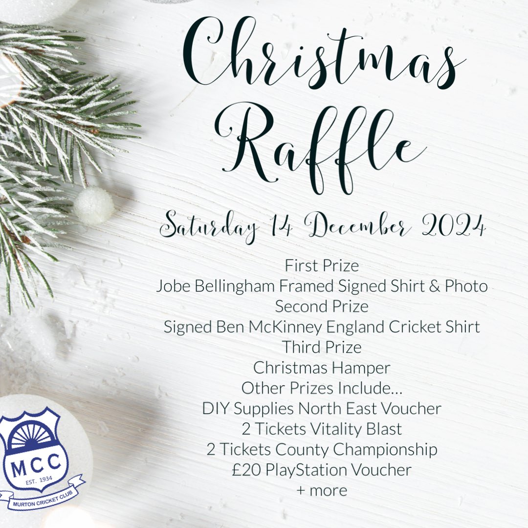 It’s our Christmas raffle next Saturday and we have some fantastic prizes up for grabs.

If you would like to buy some tickets, please drop us a message and we will be in touch.

#wearemurtoncc