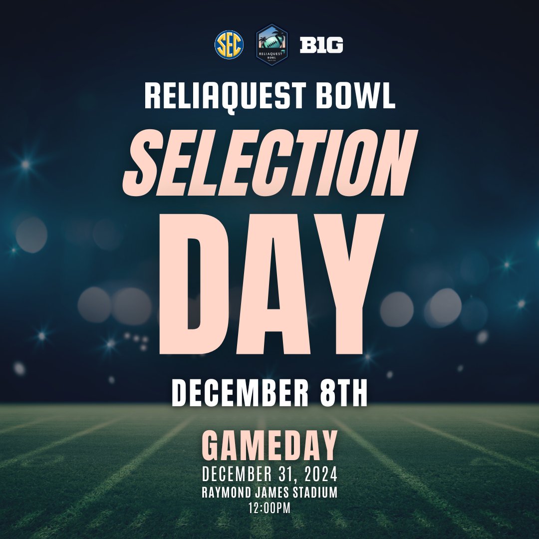 ReliaQuestBowl's tweet photo. The wait is almost over!
Tomorrow we’ll reveal which SEC and Big Ten teams will battle it out at this year's ReliaQuest Bowl! 🏈
Who's ready for the announcement? 👀
#MoreThanAGame #FootballInParadise #CFB #BowlSeason #TampaBay #SelectionDay https://t.co/OtqsNdF1SF