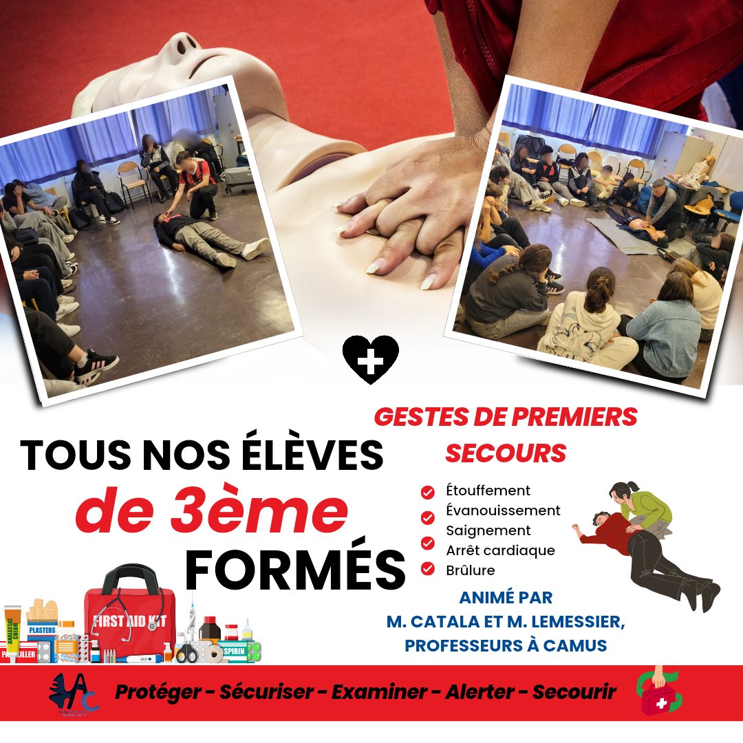 ClgCamus06210's tweet photo. À Camus, nous sensibilisons tous nos 🧑🦱 de 3e aux gestes qui sauvent⛑️
M.Catala et M.Lemessier, professeurs à @ClgCamus06210 assurent la formation du #PSC1🙏.
Une formation très importante qui permet de sauver des vies.
Pour une éducation de sécurité civile et de santé publique. https://t.co/bQALTkR7Hr