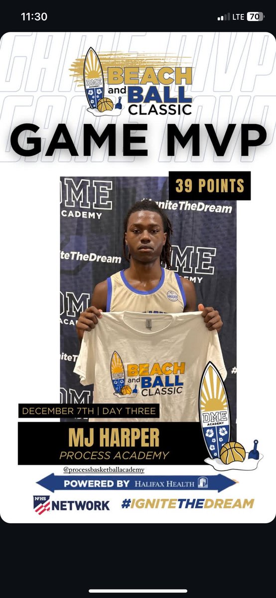 MJ Harper winning Game MVP in a win vs Prestige Academy (Post Grad) at the DME Ball and Beach Classic scoring 39 Points on 18-27 FG (67%)