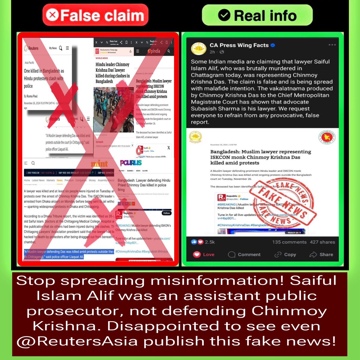 Rami_0_1's tweet photo. 🚨 Misinformation Alert 🚨

STOP INDIAN PROPAGANDA

Several Indian media outlets, including @ReutersAsia, @livemint, @pGurus1, @EconomicTimes, @OpIndia_com, and @republic, falsely claim that Muslim lawyer Saiful Islam Alif was defending ISKCON leader Chinmoy Krishna Das before being killed in Chattogram, Bangladesh.

Fact Check:
✅ Court records confirm Subasish Sharma is Das’ defense lawyer.
✅ Saiful Islam Alif was an Assistant Public Prosecutor, not Das’ lawyer.

Indian media must stop spreading baseless and provocative misinformation about Bangladesh.
Source : https://t.co/E57GvjQ8PK? @rami_0_1