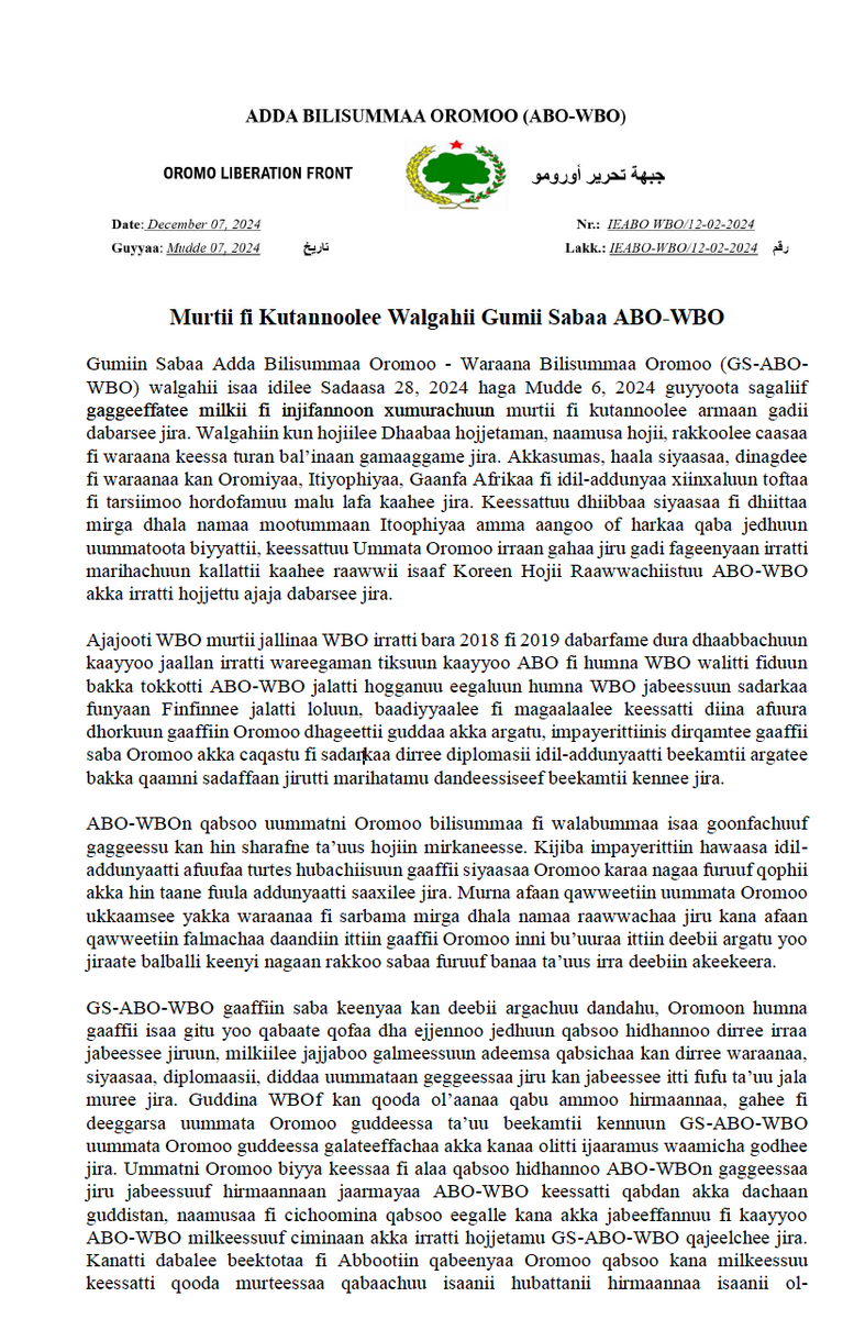 OLF_OLA's tweet photo. Murtii fi Kutannoolee Walgahii Gumii Sabaa ABO-WBO                                                   
                   (Ibsa ABO-WBO) https://t.co/oMhymLLC6K