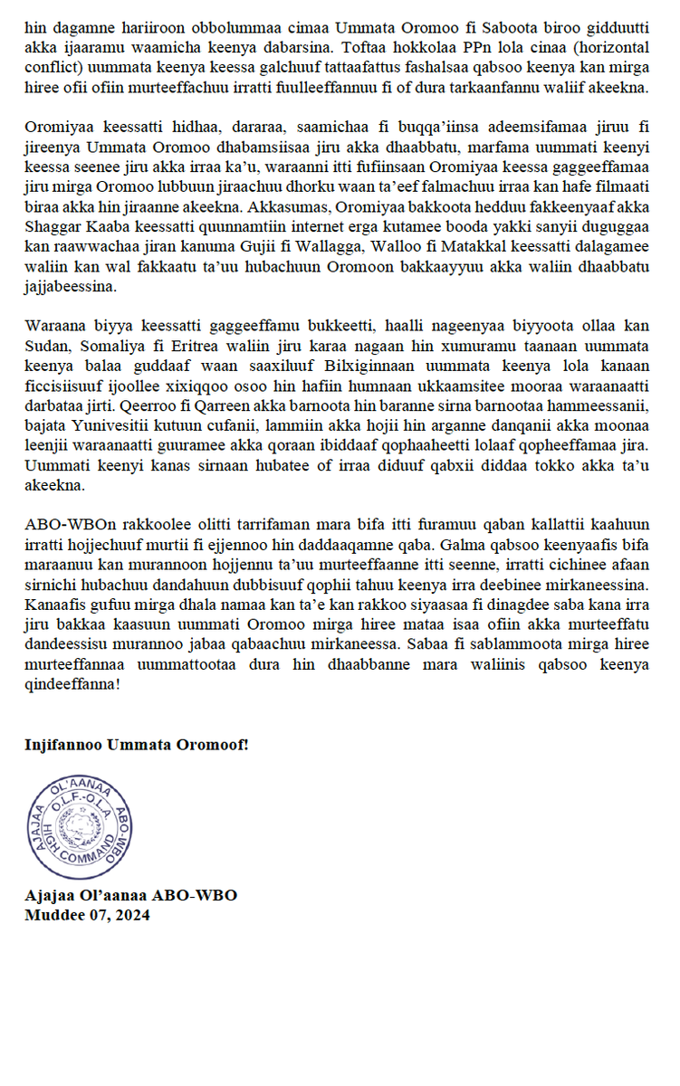 OLF_OLA's tweet photo. Murtii fi Kutannoolee Walgahii Gumii Sabaa ABO-WBO                                                   
                   (Ibsa ABO-WBO) https://t.co/oMhymLLC6K