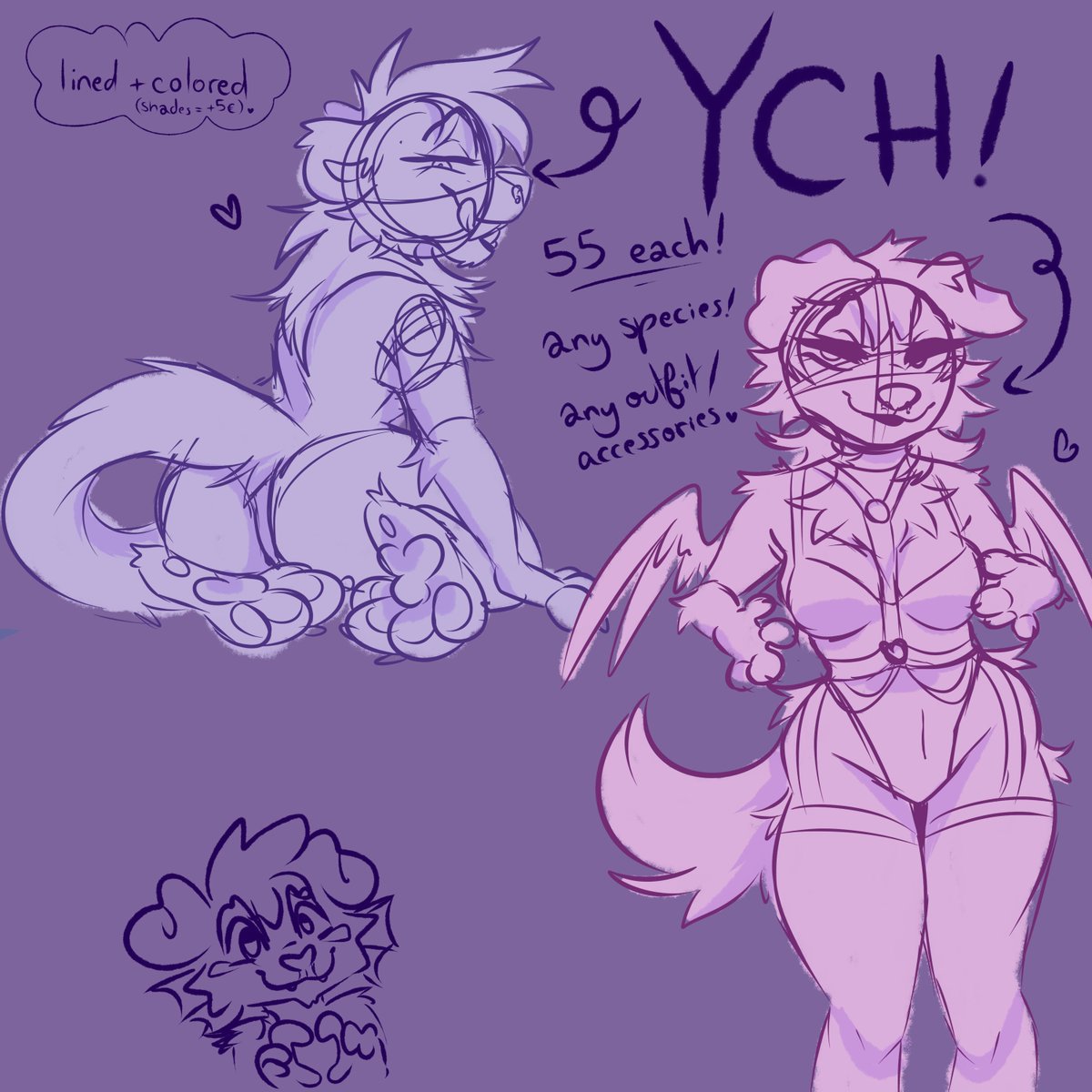 Suggestive YCH open!💫
hello!! here's two ych i came up with, i'm really tight on money rn so it could help!! <3
☀️55€ each!! lined &amp; colored (shades +5€)
☀️1 slot of each, first come first serve!
☀️any specie/any gender!
☀️any outfit/accessories!

(shares are appreciated!!)