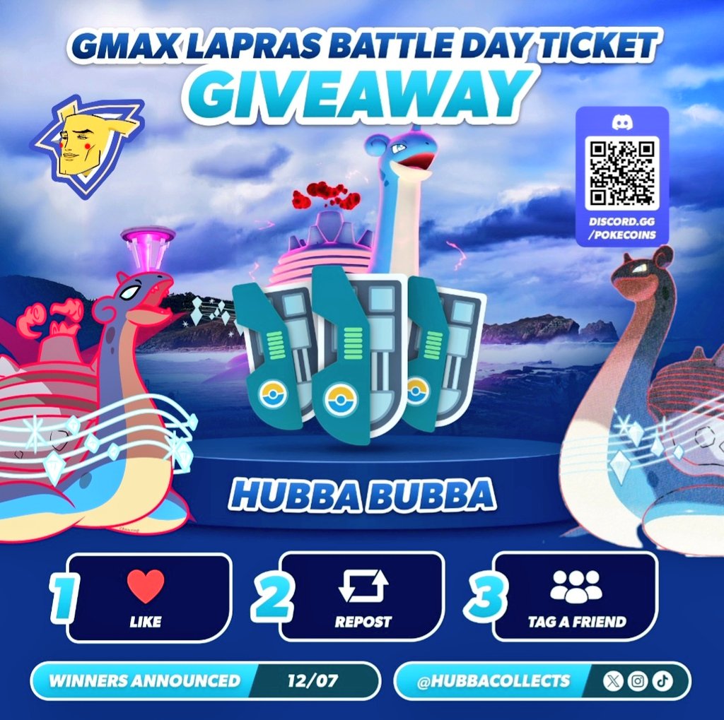 LAPRAS GMAX BATTLE DAY GIVEAWAY ❄️🧊

Giving away 5 FREE TICKETS 🎟️

TO ENTER:
-Follow <a href="/hubbacollects/">hubba</a> &amp; <a href="/raspberryweiner/">Mike</a> 🥰
-Like ❤️
-Share ♻️
-Tag a friend 😊

ENDS 12/07 ⏰
GOOD LUCK EVERYONE 🍀
#PokemonGO