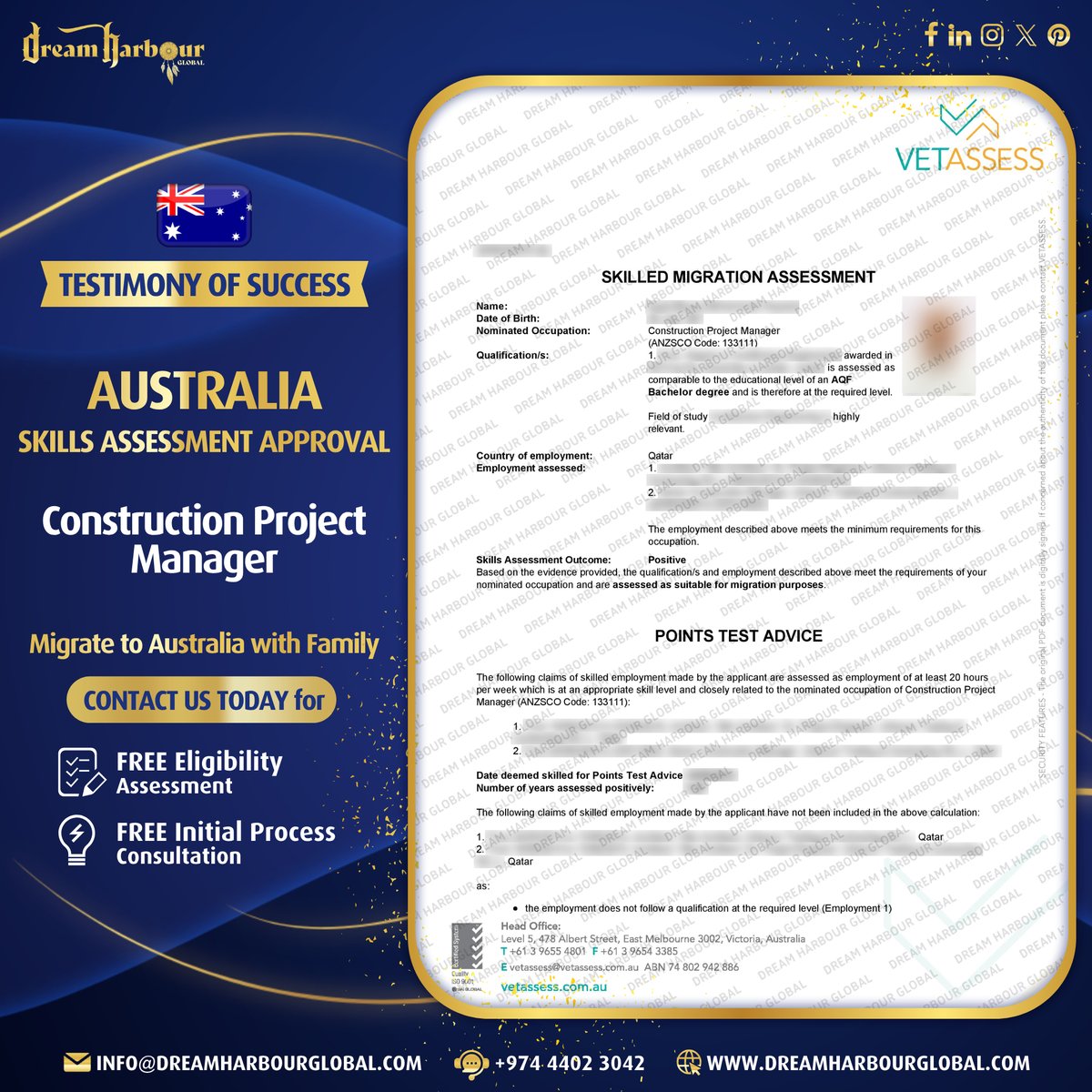 DreamHarbourG's tweet photo. 🎉 #Congratulations to our #Australia #Migration client on receiving a #positive #skills #assessment result in #Qatar for the occupation of #ConstructionProjectManager!
⠀
📝 Sign up today: https://t.co/LTUWuRE3K4
📞 Call us: +974-44023042

#DreamHarbourGlobal #Doha #SuccessStory https://t.co/FCU9kbDUS3