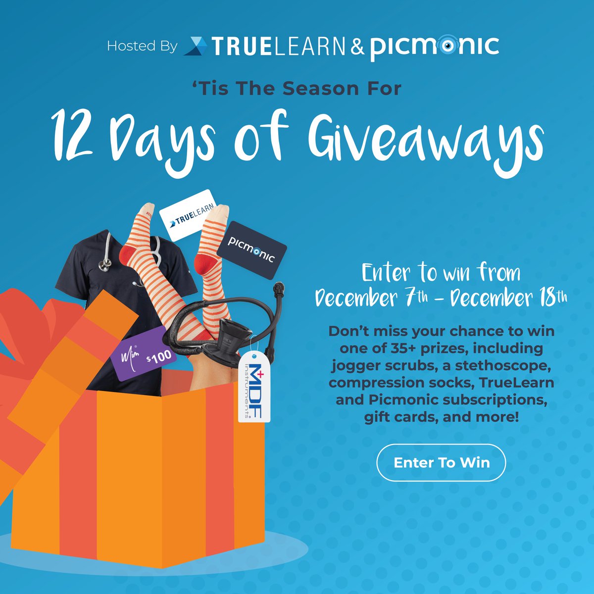 picmonic's tweet image. TrueLearn and Picmonic's 12 Days of Holiday Giveaways are HERE! 🎁
Dec 7–18: Enter to win daily prizes! 🩺✨
The top 3 sharers get $50 Amazon gift cards. Unlimited entries = more chances to win!📢
Enter now: bit.ly/12_days_giveaw…
#giveaway #picmonic #truelearn #holiday