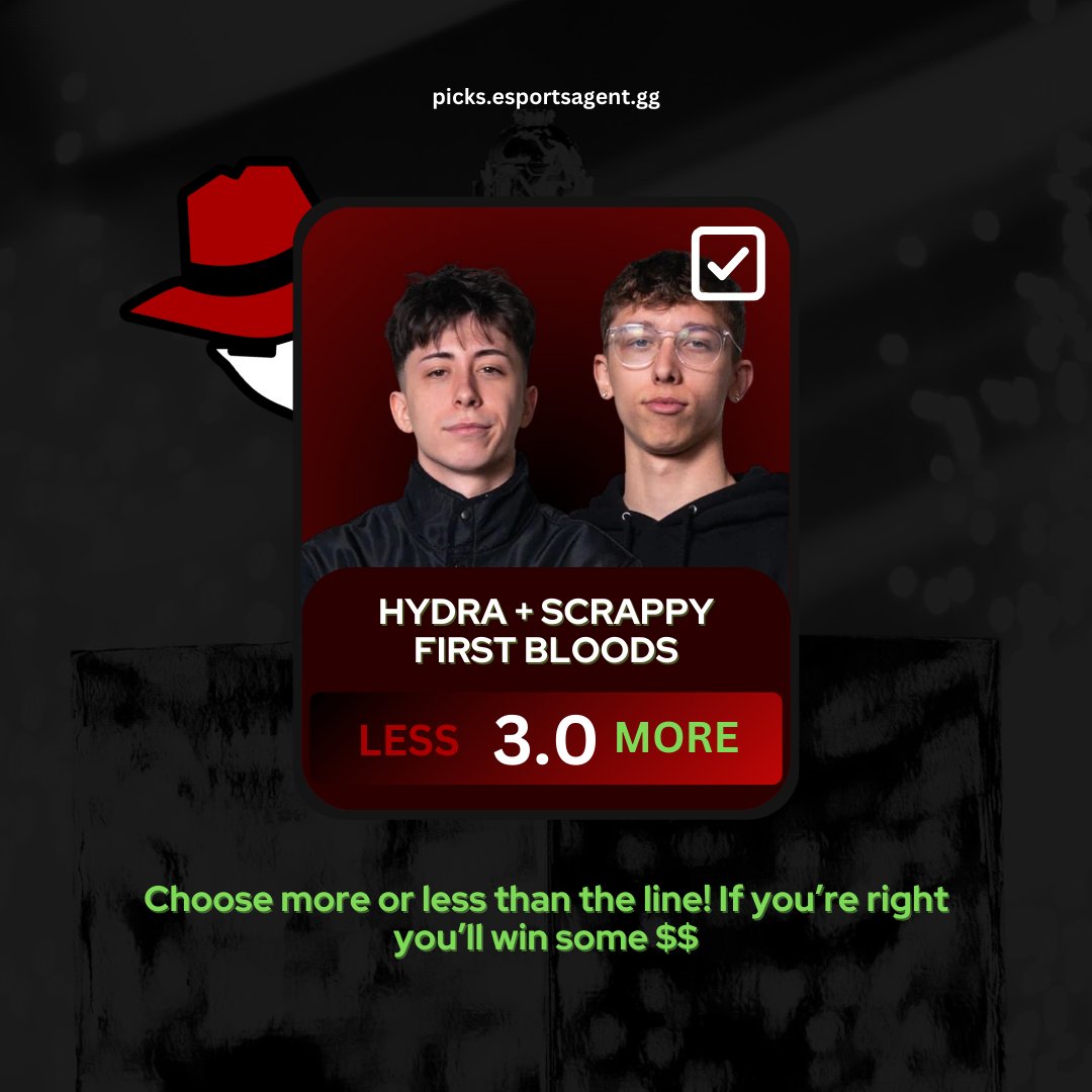 AgentPicksGG's tweet image. 🚨LA THIEVES FEATURED LINE🚨

🔴HyDra + Scrappy 3.0 First Bloods
⬆️Pick more or less on the new lethal duo

#LAThieves vs #LETSGOC9 

picks.esportsagent.gg