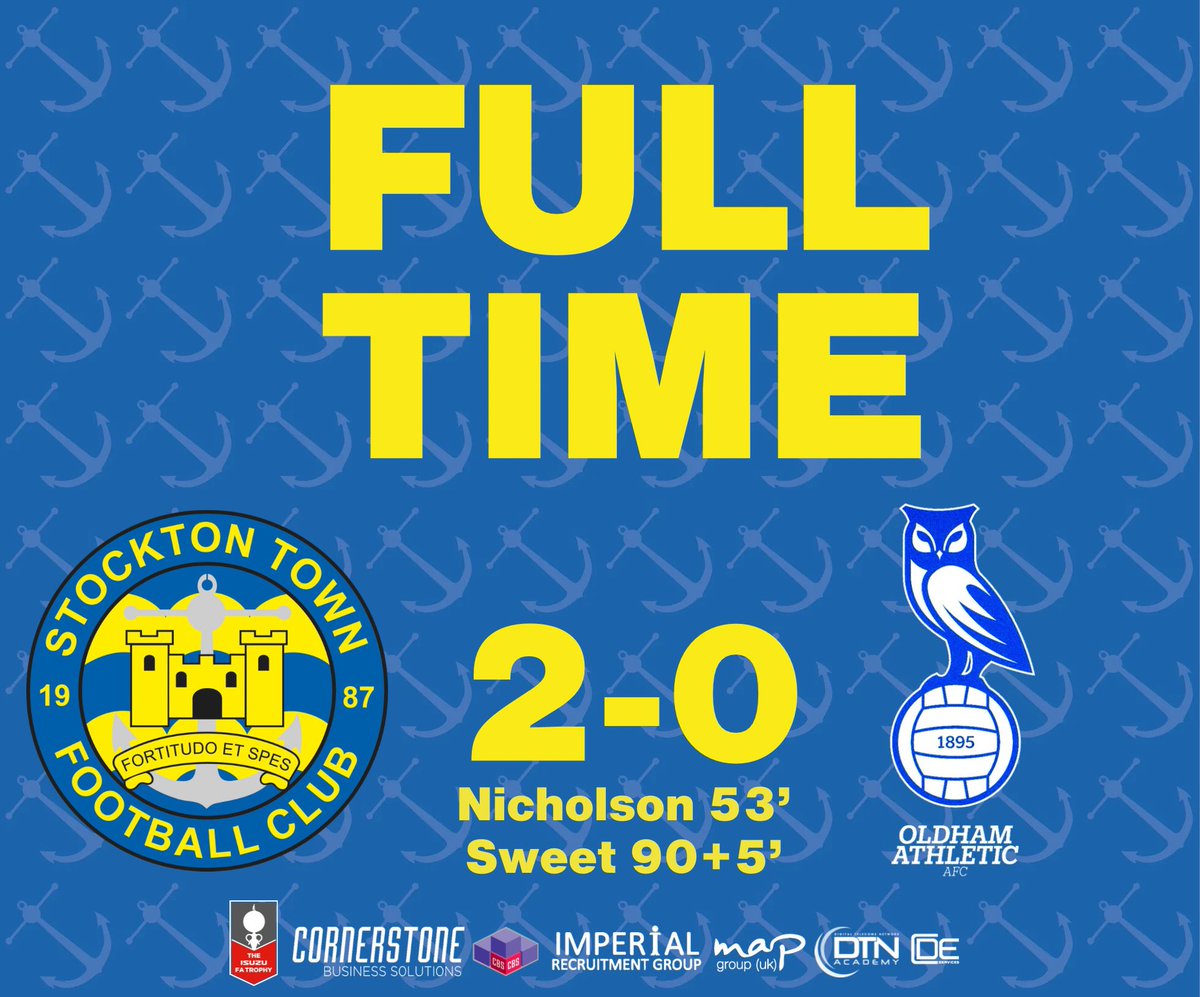 FULL-TIME: Stockton Town 2-0 Oldham Athletic

A DOMINANT second-half showing helps us takedown National League Oldham Athletic and books us a place in the Fourth Round of the FA Trophy!!!!

#UTA⚓️ #STOvsOLD