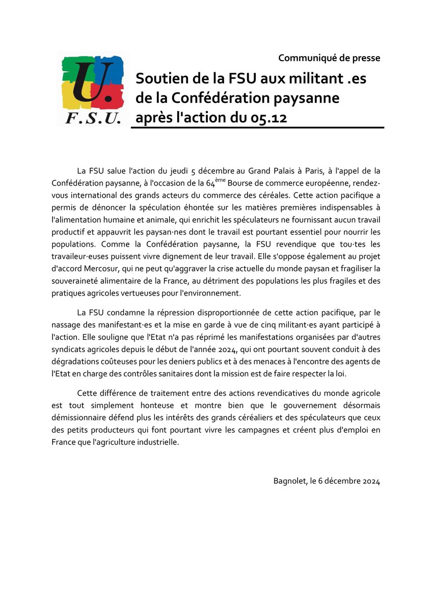 <a href="/FsuNationale/">FSU</a> <a href="/snetapfsu/">SNETAP-FSU</a> soutiennent <a href="/ConfPaysanne/">Conf' Paysanne</a> après action pacifique 5/12 Grand Palais dénonçant la spéculation sur les matières 1ères agricoles. Nous condamnons la répression disproportionnée et défendons une agriculture juste  respectueuse des paysan·nes. #JusticeAgricole