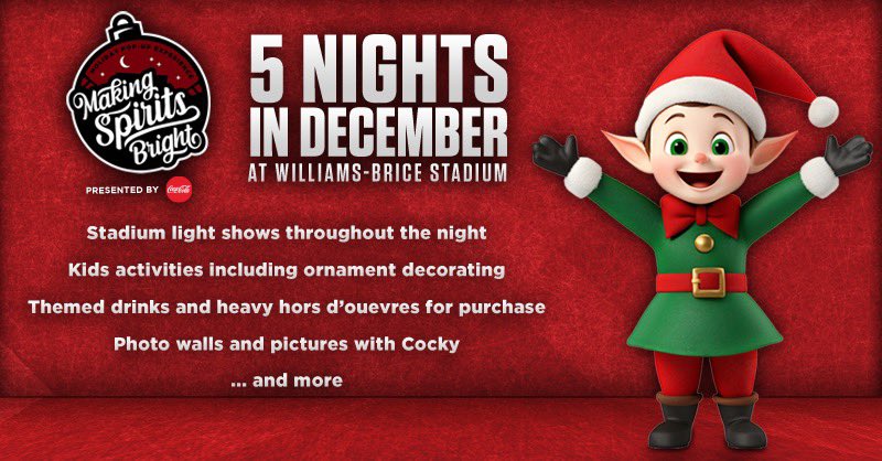 Ring in the holiday season with Gamecock fans of all ages at the Making Spirits Bright Holiday Pop-Up Experience at Williams-Brice Stadium!

🎟: fevo-enterprise.com/group/Makingsp…