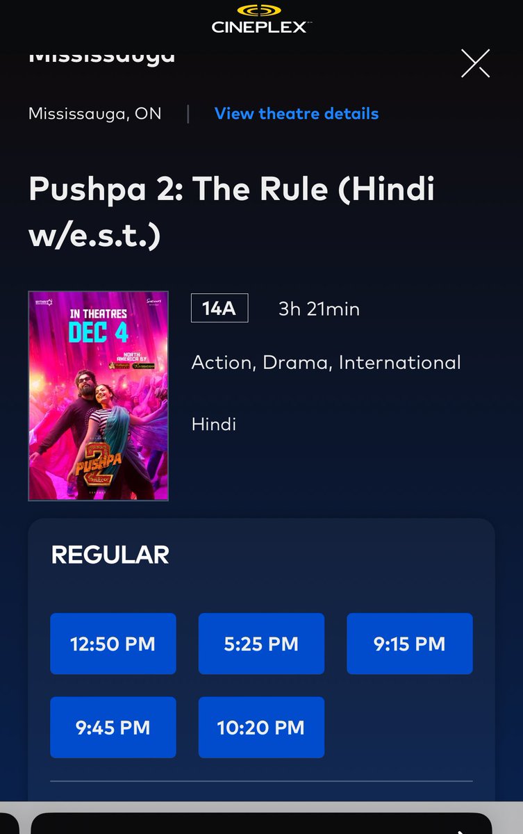 OverSeasRights.Com (@overseasrights) on Twitter photo #Pushpa2 Canada 🇨🇦 Hindi Version EXTRA SHOWS ADDED 🙌🔥🔥at @cineplexmovies Vaughan (9), Brampton (3), Courtney Park (3), Mississuaga (2) for tonight.
#Pushpa2ThaRule
<a href="/PrathyangiraUS/">Prathyangira Cinemas</a>
#Pushpa2Canada #Pushpa2 Canada 🇨🇦 Hindi Version EXTRA SHOWS ADDED 🙌🔥🔥at @cineplexmovies Vaughan (9), Brampton (3), Courtney Park (3), Mississuaga (2) for tonight.
#Pushpa2ThaRule
<a href="/PrathyangiraUS/">Prathyangira Cinemas</a>
#Pushpa2Canada