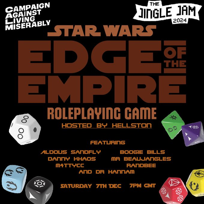 KellstonGaming's tweet photo. Tonight is the night! In just under 2 hours I'll be kicking off 24 hours of fundraising for CALM as part of Jingle Jam 2024 with a night of Tabletop Roleplay in Star Wars: Edge of the Empire!

Everything will be streamed live on my Twitch, donos to charity will change the game! https://t.co/BdqhfXXZ4k