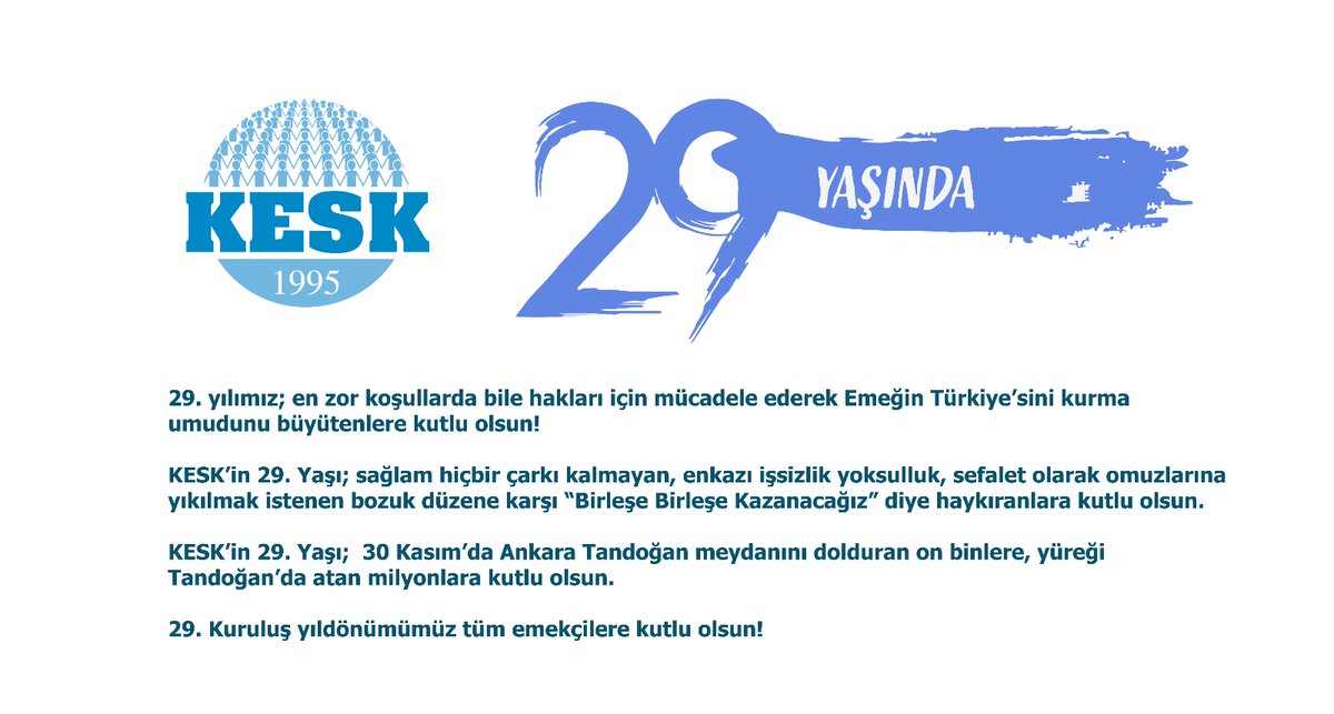 #KESK29Yaşında👇
kesk.org.tr/2024/12/08/kes…
📢Takvimler bugün 8 Aralık 2024 tarihini gösteriyor.
🟦Kamu emekçileri mücadele tarihinin yapı taşı, hak verilmez mücadele ile alınır ilkesinin açık adresi konfederasyonumuz KESK bugün 29 yaşına bastı.

🟦29. yılımız; en zor koşullarda