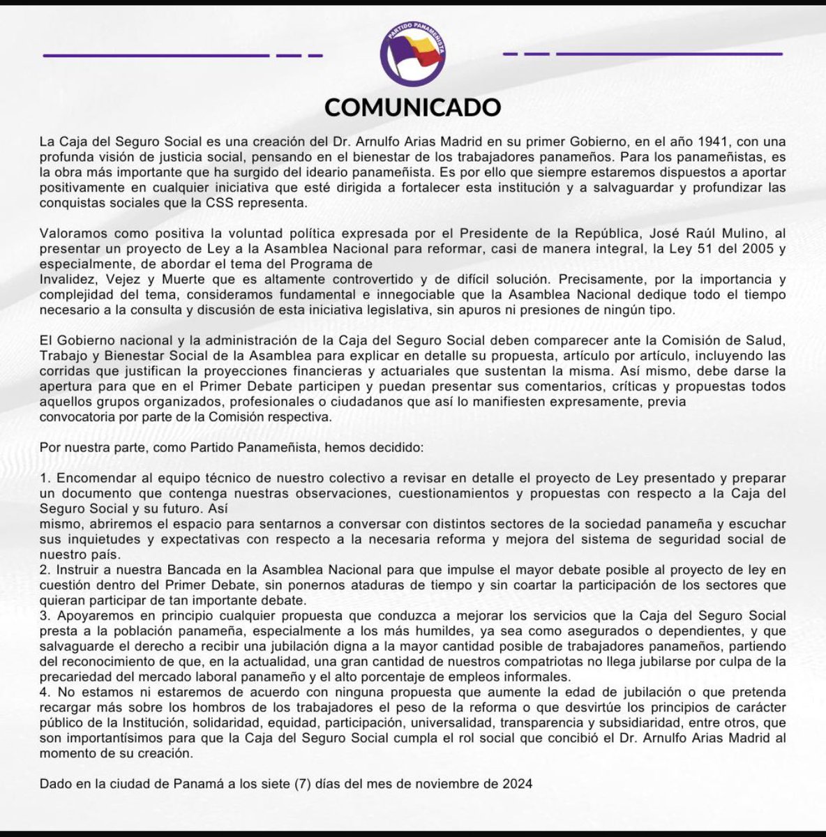 El partido
se pronunció sobre la CSS desde el 7 de noviembre