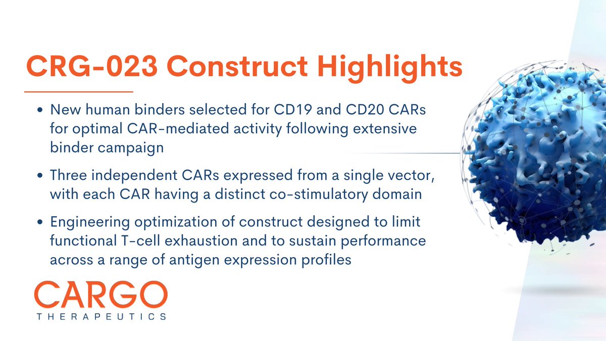 CARGOTx's tweet photo. Today at #ASH24 we are introducing CRG-023, our tri-specific #CART-cell therapy product candidate. See how we are aiming to deliver multiple, therapeutically beneficial transgene “cargo” from a single vector with the potential to benefit cancer patients: https://t.co/gB1vmbkQd0 https://t.co/Suv3ltE7o4