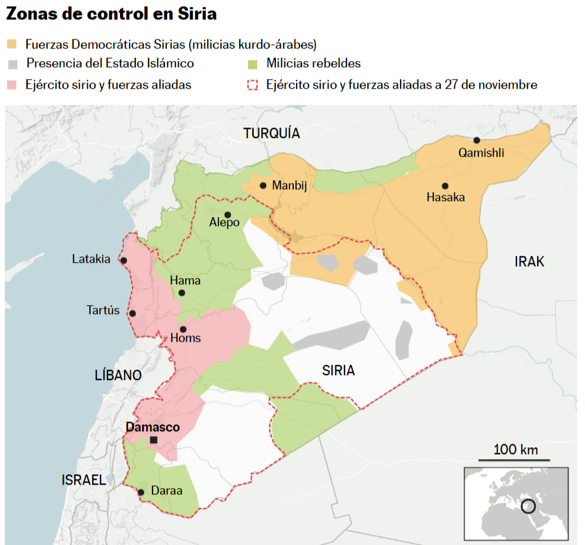IAlvarezOssorio's tweet photo. La situación en #Siria cambia de manera vertiginosa. Esta es la distribución actual de fuerzas. Los grupos rebeldes están a sólo 10 km. de Damasco. El final de la dictadura parece inevitable. El clamor popular contra Asad, independientemente de etnia o confesión, es generalizado https://t.co/tKB5BvucXh