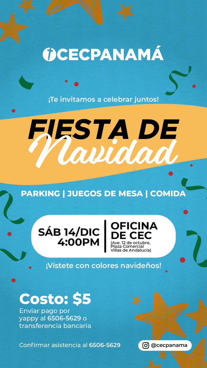 cec_panama's tweet photo. Celebremos juntos en nuestra #fiesta en la Provincia de Panamá el verdadero significado de la #navidad 👏💯 tendremos tiempo de compañerismo, juegos de mesa, dinámicas, comida y alabanza al Señor🔥

📅 Fecha: 14 de diciembre 
🕒 Hora: 4:00pm
📍 Lugar: Oficina de CEC PANAMÁ https://t.co/EOA9KKxyuE